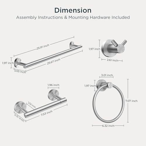 FORIOUS Bathroom Accessories, 4-Piece Bathroom Hardware Set - 24" Towel Bar - color: Stainless Steel