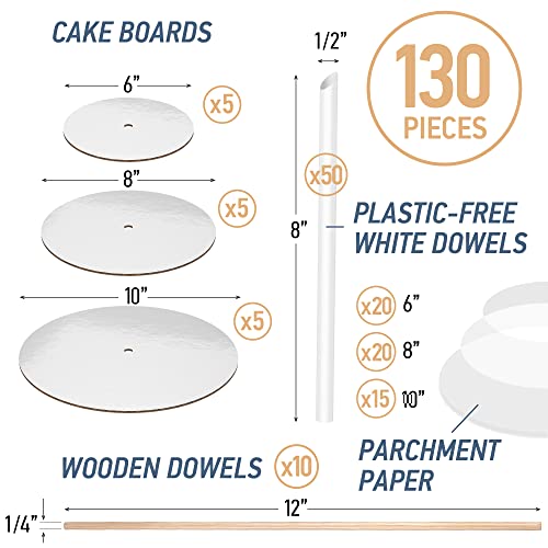 BluShore Cake Boards Tiering Kit - Cake Board 10 Inch, 8 Inch, and 6 Inch (5 Pieces Each) With Parchment Paper Rounds, Wooden Dowels, and Straw Dowels - Cardboard Cake Rounds Stacking Kit [130 Pieces]
