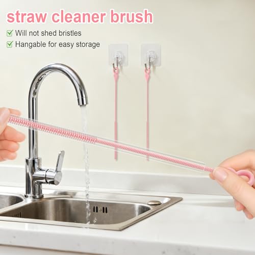 Silicone Straw Cleaner Brush, 4Pcs Reusable Straw Brush Set with Extra-Long Design for Cleaning Thin Metal Straws and Wider Milkshake Straws （6mm+9mm Pink) - color: Pink