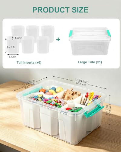 EOENVIVS Clear Storage Boxes with 6 Tall Inserts, Large Plastic Organizer Box with Lid and Handles, 15.94x11.61x7.28 Inches, Multi-Functional Container for Cosmetics, Toys, School Supplies - color: Clear+Light Green