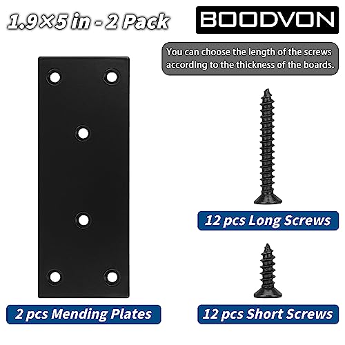Mending Plate, Metal Steel Flat Straight Brace Bracket, Black Double-Wide Joining Plate for Wood Furniture Fastening & Fixing with 2 Sets of Screws of Different Lengths(48x128mm, 2 Pack) - size: 1.9 × 5 inches