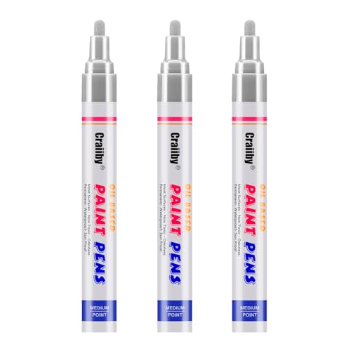 Silver Paint Markers, 3 Pack Oil-Based Waterproof Quick Dry Permanent Paint Pen Set for Rocks Painting, Wood, Fabric, Plastic, Canvas, Glass, Mugs, Metal, Tire, Stone, DIY Craft - color: Silver