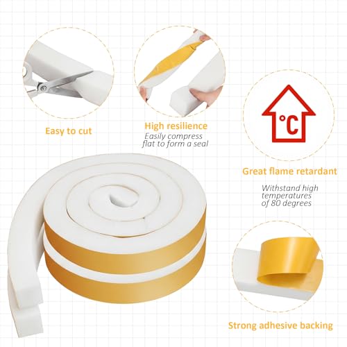2 Rolls 1-1/2 Inch W x 1-1/2 Inch H Foam Weather Stripping with Adhesive 8 ft Foam Density Closed Cell Tape Seal for Uneven Gaps Doors Windows (White) - color: White