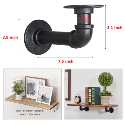 Industrial L Pipe Shelf Brackets for 8-16 in Depth Wood Heavy-Duty 3/4" Iron,Wall Mount Floating Shelf Bracket L Metal Pipe Shelving Brackets for Wood-Black DIY Pipe Shelves(7.5*3.1 Inch 4 Pack) - size: 7.5 inch 4 pack (for 8-16 inch depth board), style: