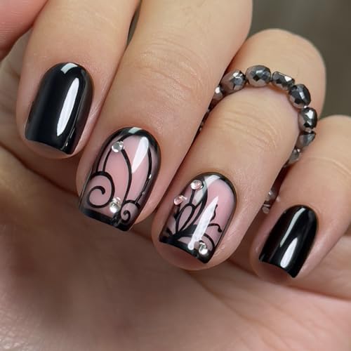 CurvLife Short Square Press On Nails, Rhinestone Swirl Black, Soft Gel - color: black