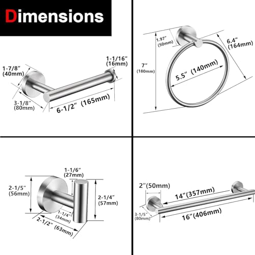 5 Pieces Brushed Nickel Bathroom Hardware Set Include 16inch Towel Bar,2pcsTowel Hooks,Toilet Paper Holder,Hand Towel Ring Round SUS304 Stainless Steel Bathroom Accessories Set Heavy Duty Wall Mounted - color: Brushed Nickel, size: 5 piece 16"