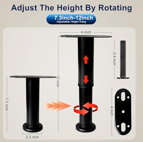 Adjustable Height Bed Support Legs,4PCS,7.3-12in, Heavy Duty Metal Center Bed Frame Support with Rubber Non-Slip Base, Furniture Feet Replacement for Sofa, Table, Cabinet, Dresser (7.3IN-12IN)