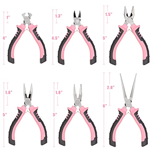 COMOWARE 6-Piece Mini Pliers Set, Needle Nose, Long Nose, Bent Nose, Diagonal, End Cutting and Linesman, for Crafts Work, Electronic Repair, with Pink Pouch - color: Pink
