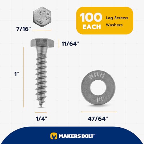 1/4 x 1 (100 Pack) Lag Screw Kit, 100 Screws and 100 washers, Hot Dip Galvanized, Meets ASME B18.2.1 Industrial/Commercial Grade by Makers Bolt - size: 1/4 x 1