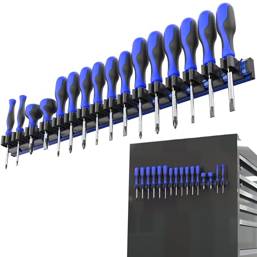Olsa Tools Magnetic Screwdriver Organizer, Blue, Holds 16 Screwdrivers - color: Blue Organizer / Black Clips