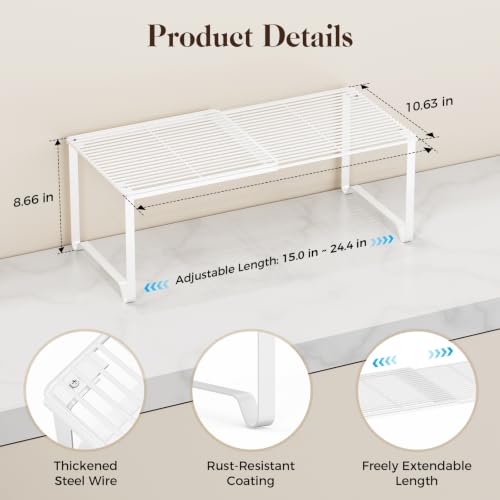 Extendable Metal Wire Shelf Organizer - Adjustable 15-24.4in Length, Stackable Storage Rack for Kitchen/Pantry/Bathroom/Shoe Cabinet/Tool Closet (1, White) - color: White, size: 1 Pack