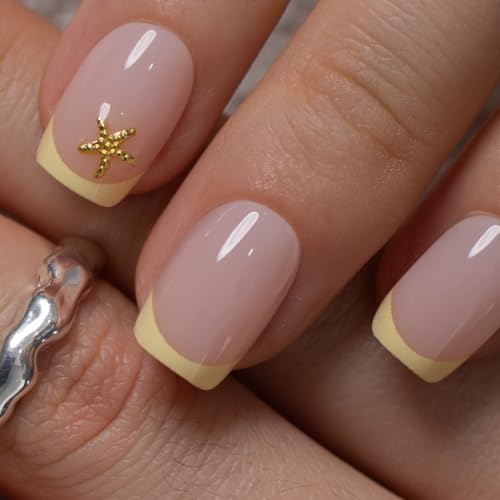 CurvLife Short Square Press On Nails, Honey Drift Honey Yellow, Soft Gel - color: Butter Star