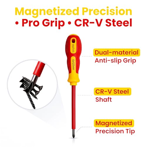 Insulated Screwdriver Set 1000V, 10-Piece Electrician Screwdriver Set with Voltage Tester, Magnetic Tips, Cr-V Steel, Slim Ergonomic Grip - style: Red yellow With Zipper Case