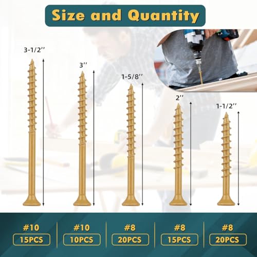WELLOCKS Tan Deck Screws, 150 PCS 3 Sizes with T25 Bit - color: 80pcs #8 #10