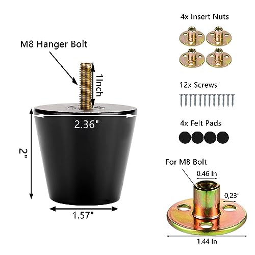 Maricome 2 Inch Legs for Ottoman Wood Furniture Feet with M8 Bolt Black - color: 2 Inch Black