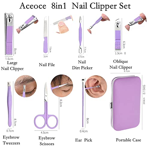 Aceoce Manicure Set Women's Nail Clipper Set Nail Kit with Travel Case - Purple, Stainless Steel, Compact, Curved Edge, Perfect for Travel & Everyday Use - color: Purple