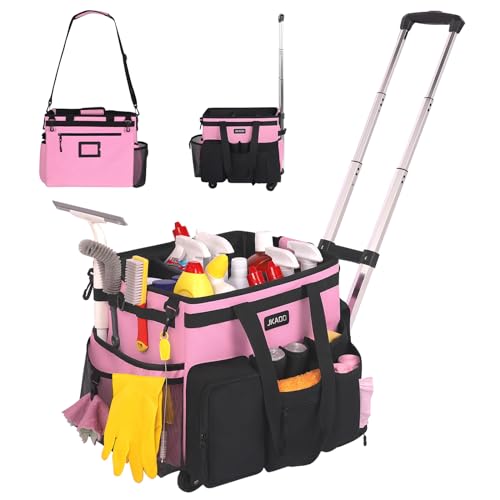 JKAOO Large Rolling Cleaning Caddy Bag with Detachable Trolley, Pink - color: Pink