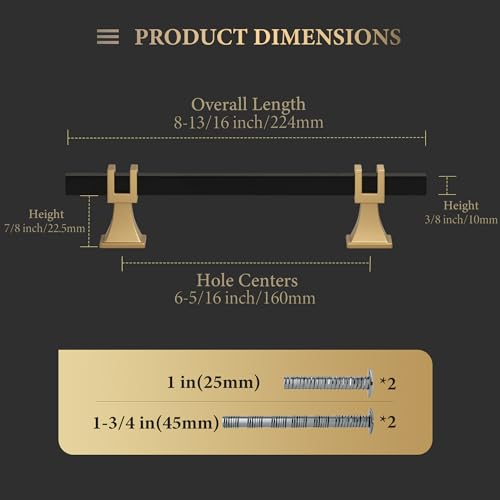 Haliwu 10 Pack Black and Gold Cabinet Pulls, 6-5/16 inch Kitchen Handles, Square Dresser Drawer Hardware - color: Black & Matte Gold, size: Hole Center Spacing：160mm (6-5/16 inch)