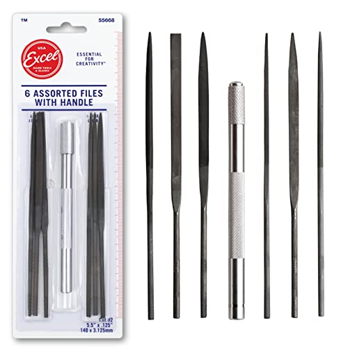 Excel Blades Mini Needle File Set – Hardened Alloy Steel, Includes Flat, Warding, Square, Triangular, Round & Half-Round Files with USA-Made Aluminum Handle - style: File Set w/ Handle