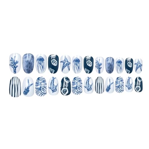 Summer Press On Nails Short Almond Blue White with Ocean Life Whale Shark - color: Style6