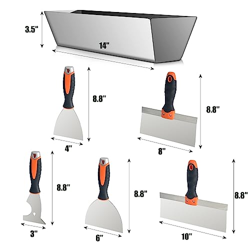Drywall Hand Tool Kit, 5Pcs Stainless Steel Putty Knife Scrapers Taping Knife with Mud Pan for Drywall Repairing, Paint Scraping and Wallpaper Removing (6pcs) - color: 6pcs