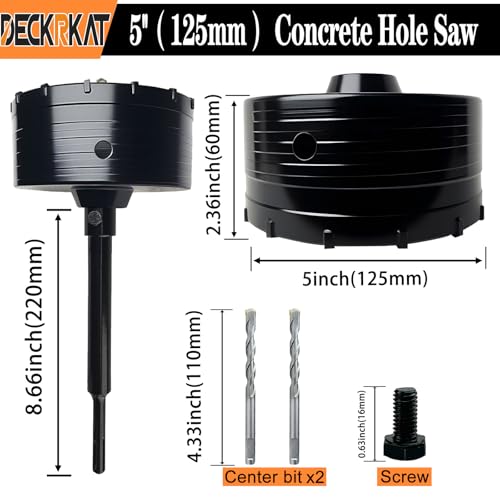 DECKRKAT 5" Concrete Hole Saw Kit,Electroplated Black Quenching Tech,Heavy-Duty Thickened Alloy Teeth,SDS Plus Shank & 2 Center Bits for Concrete,Brick,Stone. - size: (125mm)5"