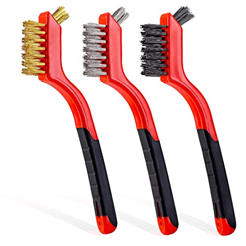 Wire Brush Set 3PCS - Nylon/Brass/Stainless Steel Bristles with Curved Handle Grip for Rust, Dirt & Paint Scrubbing with Deep Cleaning – 7 Inches (Red) - color: Red