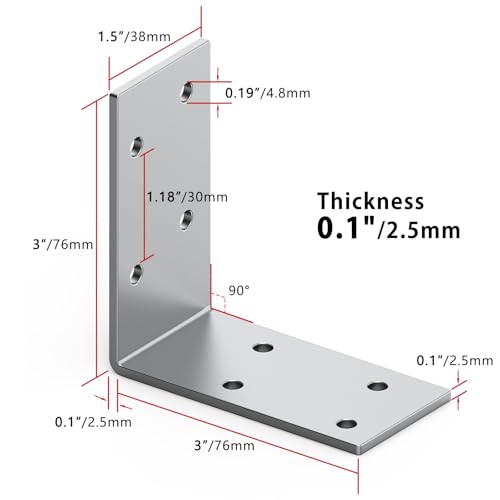Yuleimy L Brackets for Wood, 3x3 Inch Galvanized Corner Braces, 8 PCS | 90° corner mount, 3×3×1.5 in. silver steel reinforces joints in shelves, furniture, frames, and posts; screws not included.