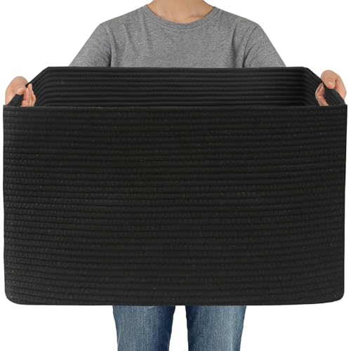 JMvicyroam 96L Large Woven Cotton Rope Blanket Basket, Black - color: Black, size: 96L