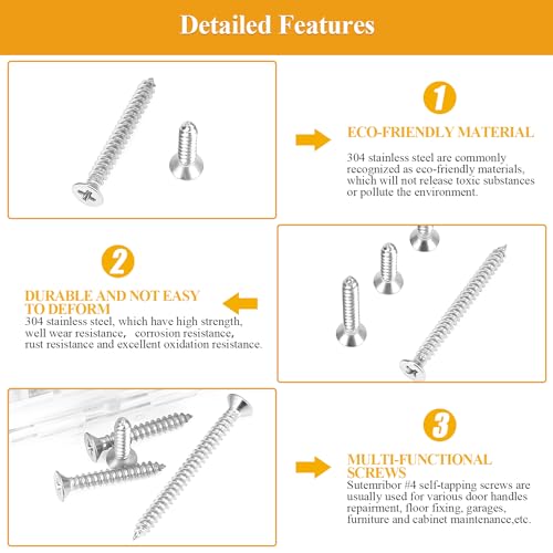 205 Pieces #4 x 1/2" 5/8" 3/4" 1" 1-1/4" Wood Screws Set, Phillips Countersunk Head #4 Self-Tapping Screws Assortment Kit, 304 Stainless Steel - size: #4, style: Phillips Countersunk Head