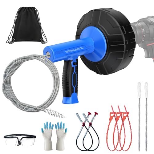 33-Feet Drain Snake Auger Kit, Plumbing snake, Manual or Electric drain snake with Auto-Retract/Feed, for Kitchen, Bathroom, Shower, and Floor Drain sauger，Include Gloves Storage Bag etc (Blue) - color: Blue Black