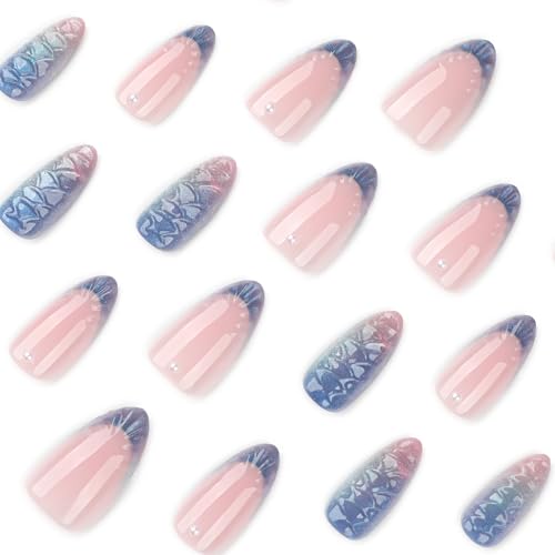 Almond Press On Nails Medium, 24PCS Iridescent 3D Mermaid Scale Acrylic Fake Nails, Gradient Pink Purple Stick On Nails for Women, Reusable Glossy False Nails for Party, Wedding - color: 31-Pine cone gradient