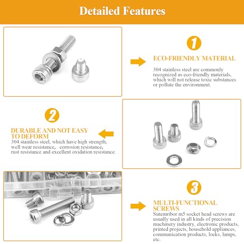 245 Pieces M5 Screws Nuts Washers Set, Sutemribor M5 x 6/8/10/12/16/20/25mm Hex Socket Head Cap Screws Nuts Washers Assortment Kit, 304 Stainless Steel, Fully Threaded - size: M5, style: Socket Head