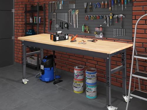 60" Adjustable Work Bench, Rubber Wood Top Workbench - size: 60 inches (with socket and wheels)