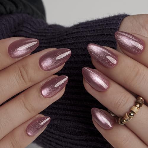CurvLife Short Almond Fall Press On Nails, Pink Purple Cat Eye, Soft Gel - color: Cat Eye Pink