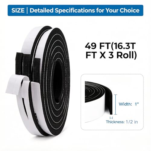 Jucoan 49 Feet Weather Stripping Foam Insulation Tape, 1 Inch Wide x 1/2 Inch Thick Self Adhesive Foam Seal Tape, High Density Door Seal Strip Window - size: 1 In x 1/2 In x 49 Ft