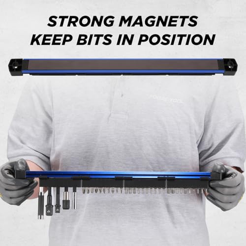 Mayouko 2PCS Magnetic Aluminum Screwdriver Drill Bit Organizer, Sliding Drill Bit Holder with Strong Magnetic Rail, 80 Holes Bit Storage, Hex Bit Organizers, Red And Blue(Bits Not Included)
