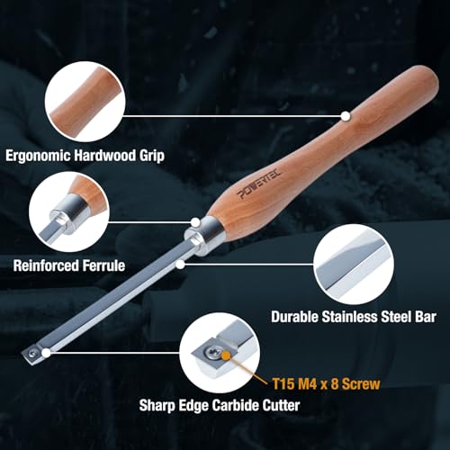 POWERTEC 3 Pcs Carbide Lathe Tools for Woodturning, Wood Lathe Tools with Flat Edge Square, Round and Diamond, T15 Star Key Wrench, Lathe Tools with Replaceable Blade (71825) - style: 3pcs set
