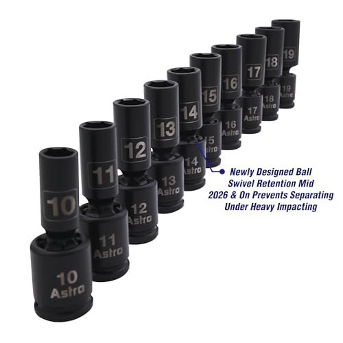 Astro Tools 78344M 10pc 3/8" Drive Mid-Length Pinless Universal Impact Sockets - Metric - size: 3/8" - No skips - 10-19mm Mid-Length