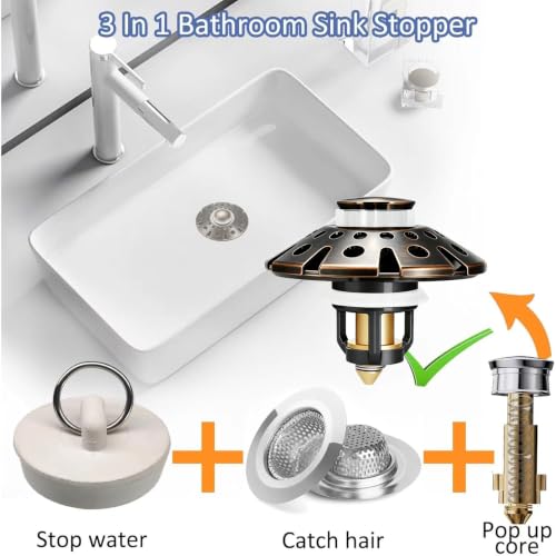 AzWzz Bathroom Sink Drain Strainer, 3 in 1 Pop Up Bathroom Sink Stopper - color: Oil Rubbed Bronze