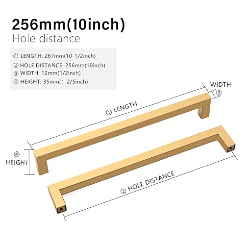 Cabinet Pulls Gold Cabinet Handles Square Drawer Pulls, 5 Pack 10 Inch Stainless Steel Kitchen Door Cupboard Cabinet Handles, Drawer Hardware Handles, 256mm Hole Centers - color: Gold, size: Two Hole - 10 inch Hole Centers(256mm)