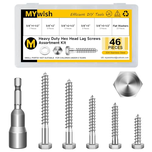 Mywish 3/8 Hex Head Lag Screws Assortment Kit, 46Pcs Heavy Duty Lag Bolts with Washers, 304 Stainless Steel Bolts 18-8 5-Size Wood Screws for Outdoor, Bright Finish 3/8 Bolt - size: 3/8 Assorted Kit