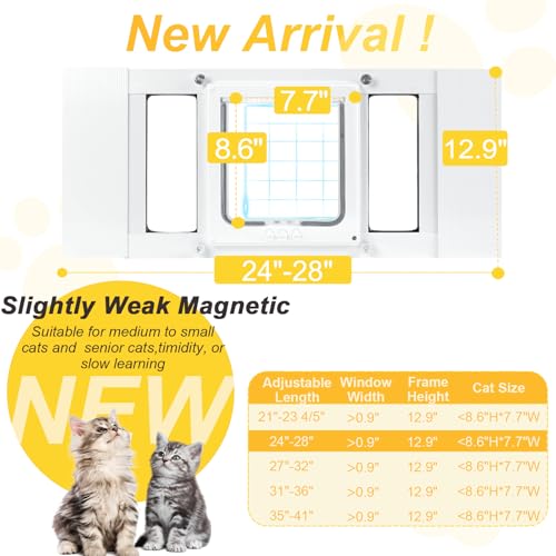 Cat Door for Window, Quick Damage-Free Install, 24"-28" Width Adjustable, All Aluminum Frame, 4-Way Lock, Magnetic Closure Cat Window Door, Extra Window Sealing Strips (S) - size: S: Fits 24"-28" Width