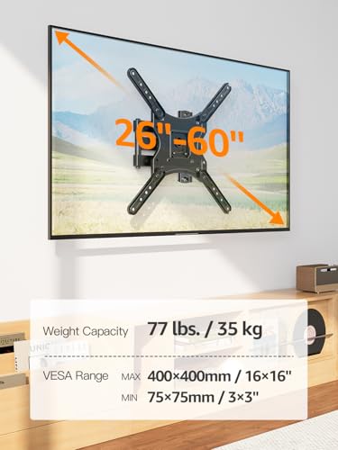 ELIVED Full Motion TV Wall Mount for 26-60" TVs, Max VESA 400x400, 77 lbs. - size: Arm: 16" TV: 26-60"