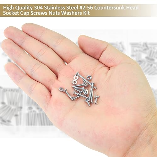 252 Pieces #2-56 x 3/16", 1/4", 5/16", 3/8", 1/2", 5/8", 3/4", 1", Countersunk Head Socket Cap Screws Nuts Washers Assortment Kit, 304 Stainless Steel, Fully Machine Thread - size: #2-56, style: Countersunk Head