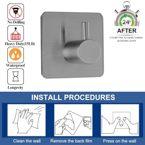 Fotosnow Adhesive Hooks Towel Hanger Wall Hooks for Hanging Coat, Hat,Towel Robe Hook Rack Wall Mount Waterproof Stainless Steel- Bathroom and Bedroom Gray 4-Packs - color: Gray-4 Pack