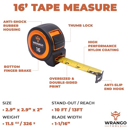 Tape Measure 16 FT - Measuring Tape Retractable - Oversized & Double-Sided Print - Blade Lock, Finger Brake - High Performance Nylon Coating, 10' Stand-Out - 13' Reach / 1-1/16" Blade - size: 16 FT, style: Single