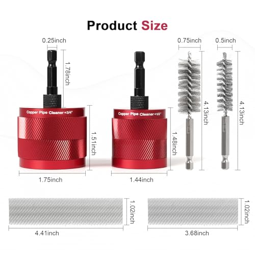 Copper Pipe Cleaner for Drill, Plumbing Tools Set 1/2" & 3/4" with 1/4" Hex Shank & 6 Brush Blades & 2 Pipe Brush, for Removing Rust, Stains & Paint from Copper & Metal Pipes, Red, Metal Cleaning Kit - color: Red