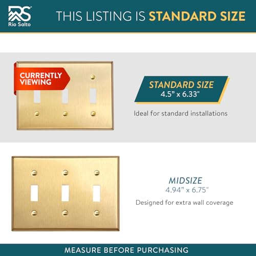 Rio Salto BRASS Toggle Light Switch Cover Plate Triple Toggle Flip Switch Outlet Covers 3 Gang Brushed Brass Gold Metal Wall Plate Flip Swtich — Signature Collection, Standard Size 4.50" X 6.33" - color: Toggle Switch 3-Gang (1-Pack)