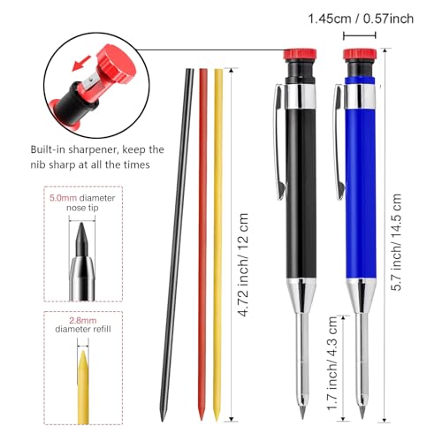 greywolf 2-Pack Carpenter Pencils, Heavy Duty Carpenter Pencils with 14 Refills, Long Tip Deep Hole Automatic Pencil Markers with Built-in Sharpener for Carpenters, Architects (Black, Red)
